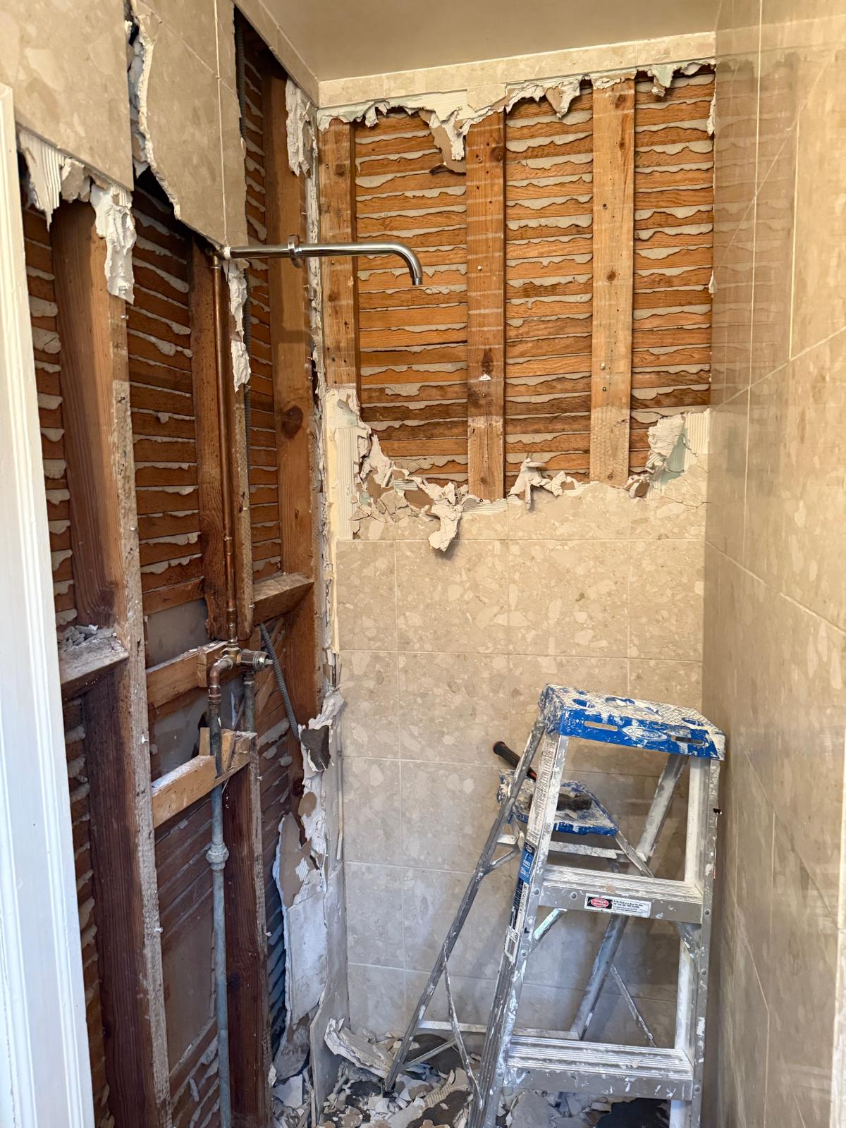 Shower demolition with ladder in place