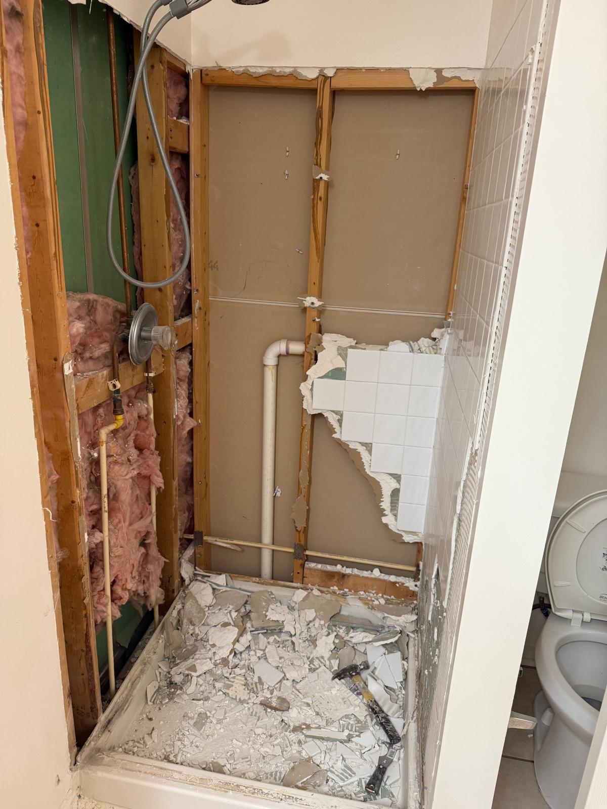 Shower demolition with exposed studs and debris
