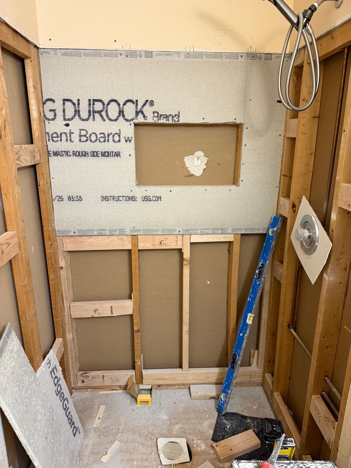 Shower stall framed with Durock cement board